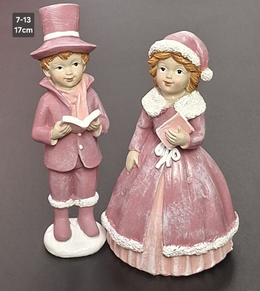 Set 2 Figurine Decorative de Crăciun din Ceramică – Fetiță și Băiețel Colindători cu Cărți, Roz Pastel - 17cm